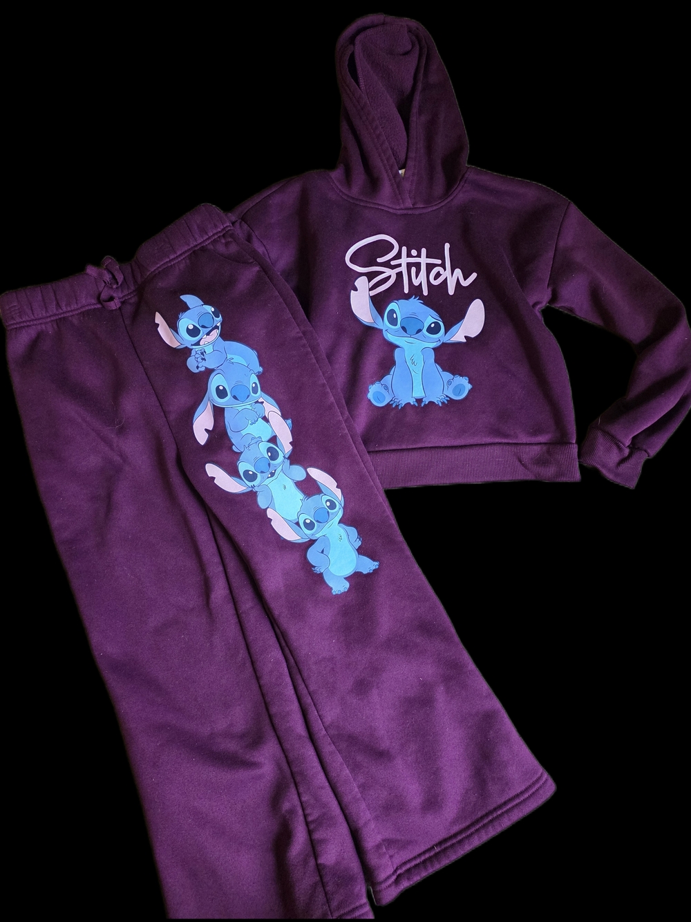 Disney Kids Purple Hoodie & Sweatpants Set with Blue Stitch Graphics
